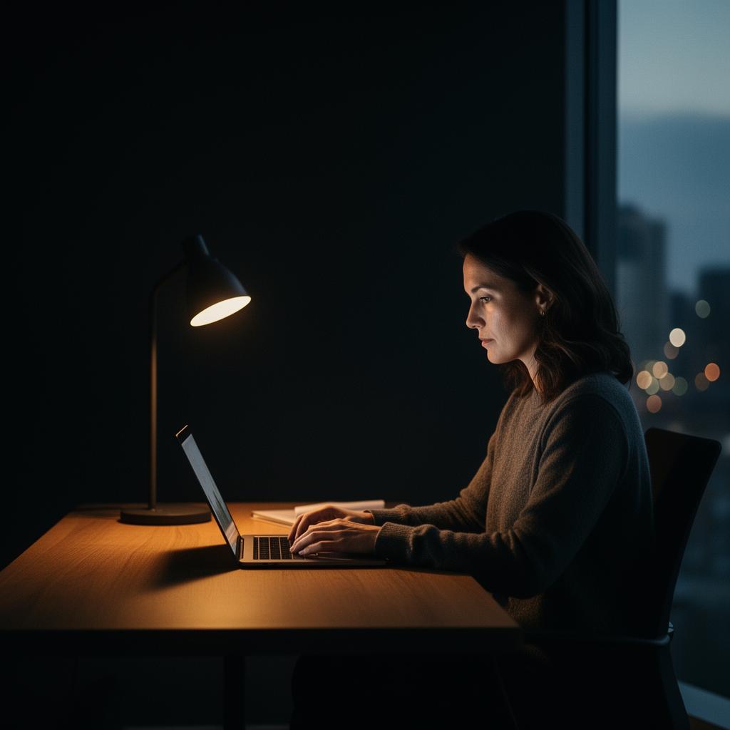A focused marketer working at a softly lit desk